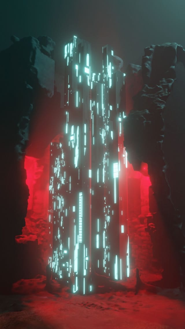 A huge sci-fi building in a dark red cave